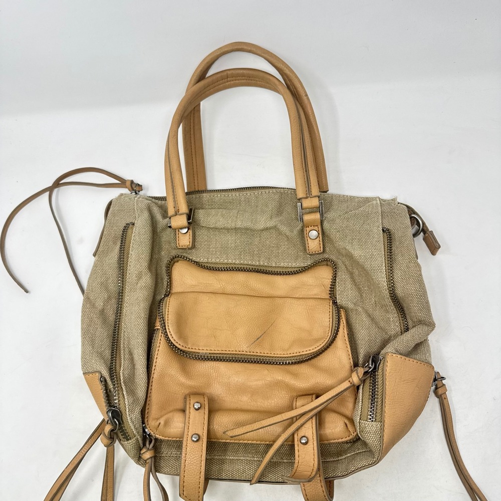 Free People Joelle Hawkens Satchel Tan OS Boho Canvas Leather Handbag Tote